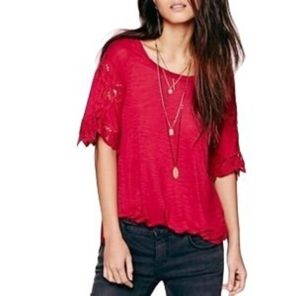 Free People Mallary's Battenburg Raspberry Lace Sleeve Top